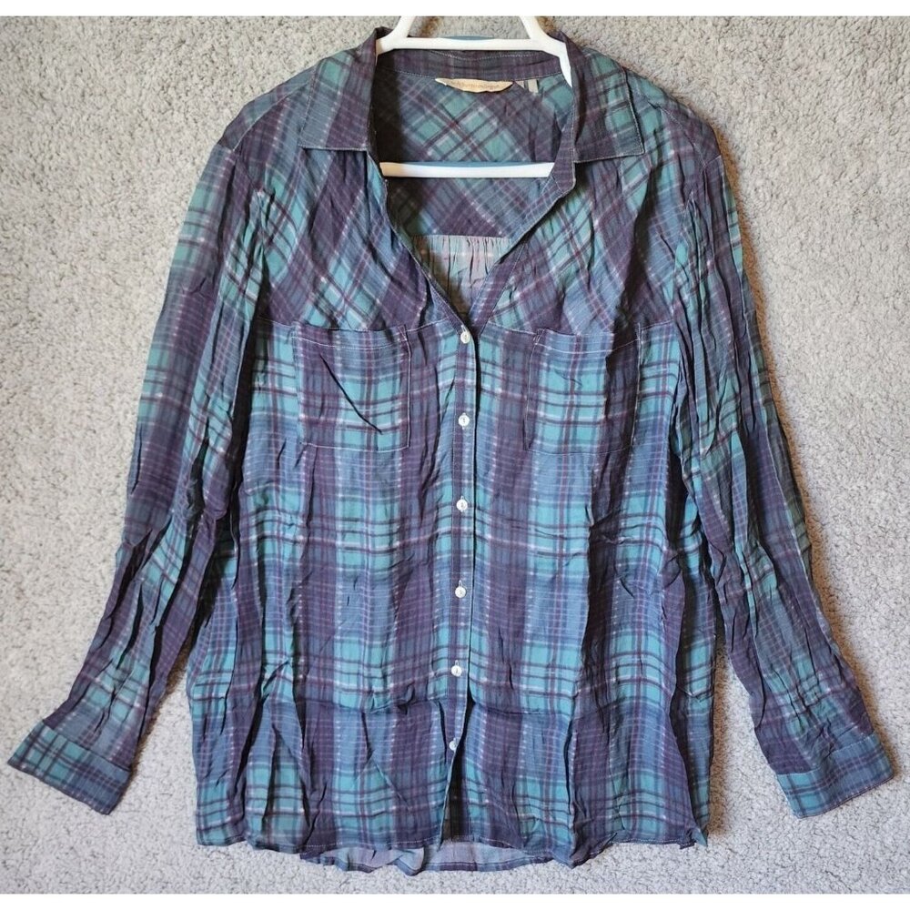 Soft Surroundings Women's Long Sleeve Cabin‎ Plaid Button Down Shirt Blue Size L
